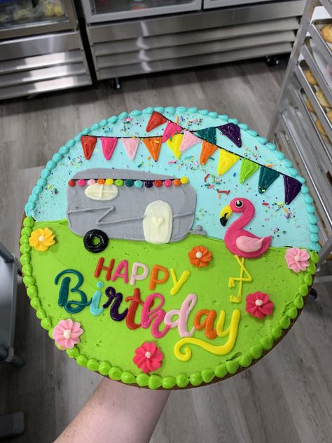 Flamingo Cookie Cake, Camper Cake, Summer Cookie Cake, Camper Cakes, Wilton Decorating Tips, Cookie Cake Designs, Cookie Cake Birthday, Flamingo Birthday, Creative Cake Decorating