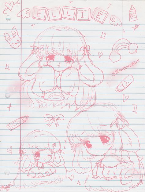 Cute Pink Doodle by @mewwps : A notebook sketch page I did for @strawbunimilk recently!! I love them with all my little heart!! #strawbunimilk #my art #pink #pastel #pastelcore #babycore #sanrio #kawaii #cute #art Notebook Sketches Drawings, Cafe Cute Drawing, Aesthetic Notebook Drawings, Ideas For The First Page Of A Sketchbook, Cute Stuff To Print Out, Y2k Art Grunge, Pink Sketchbook Page, Note Book Sketches, Cute Drawings Pink