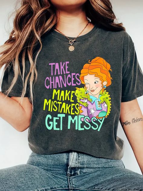 Take Chances Make Mistakes Print T shirt Casual Crew Neck - Temu Fun Teacher Outfits, Miss Frizzle, Ms Frizzle, Teacher Outfits Elementary, Motivation Shirt, Take Chances, Bold Dresses, Magic School Bus, School Tees