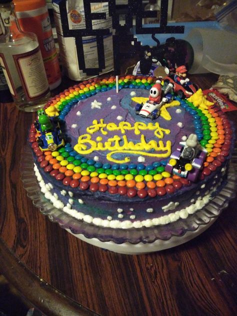 Mario Kart Rainbow Road Diy, Rainbow Road Cake, Mario Cart Cakes Birthday, Rainbow Road Birthday Cake, Super Mario Kart Cake, Mario Rainbow Road Cake, Mario Kart Sheet Cake, Super Mario Rainbow Road Cake, Mario Cake Ideas