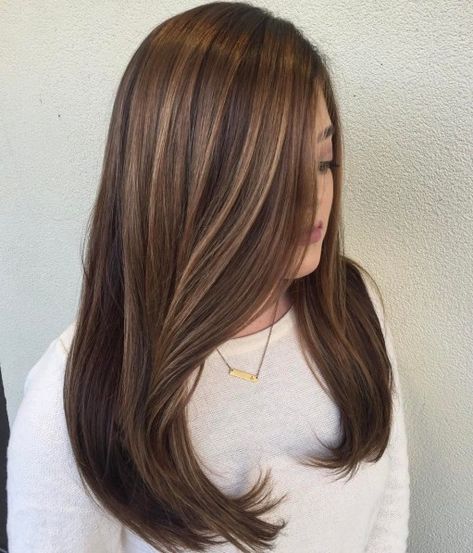 Straight Dark Hair with Caramel Highlights Caramel Highlights Hair, Caramel Highlights On Dark Hair, Caramel Hair Highlights, Straight Hair Highlights, Color Melting Hair, Highlights Red, Highlights For Dark Brown Hair, Brown Straight Hair, Brown Hair With Caramel Highlights