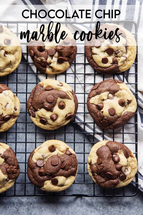 These Marble Cookies are a delicious combination of chocolate cookie dough, and chocolate chip cookie dough for a delicious, soft and chewy cookie that is the best of both worlds! Marbled Chip Cookies, Chocolate Filled Chocolate Chip Cookies, Marbled Chocolate Chip Cookies, Peanut Butter Chocolate Marble Cookies, Marble Cookies Recipe, Choc Chip M&m Cookies, Monster Recipes, Double Chocolate M&m Cookies, Marble Cookies