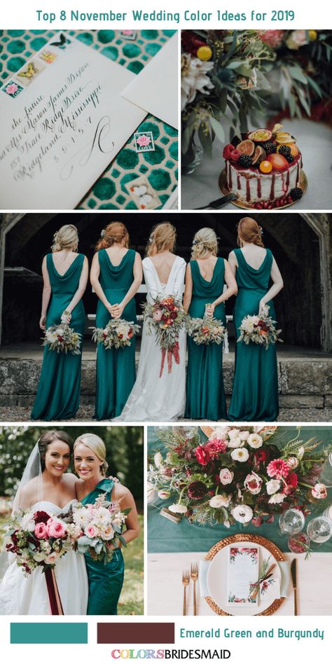 Top 8 November Wedding Color Ideas for 2019 - Emerald Green + Burgundy. #colsbm #weddings #weddingideas #bridesmaiddresses #fallwedding #greenwedding b1292 November Wedding Colors, Hunter Green Bridesmaid Dress, Mauve Bridesmaid, Mauve Bridesmaid Dress, Wedding Color Palettes, Fall Wedding Color Palette, Wedding Color Ideas, Grey Wedding Invitations, Wedding Color Combos