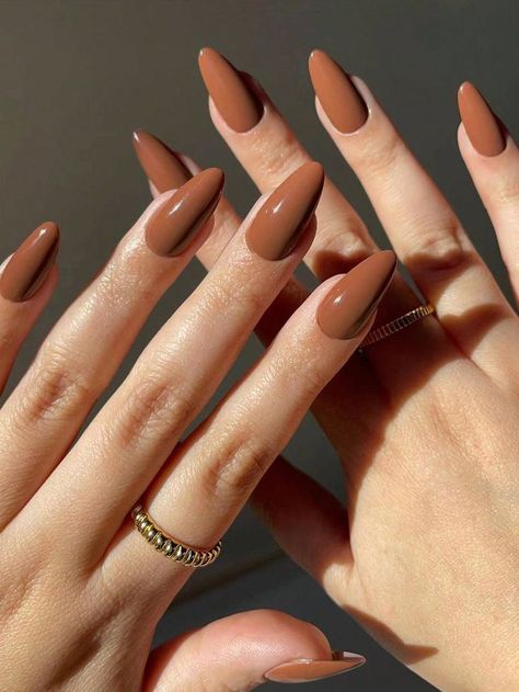 Brown Nails Press On, Autumn Style Nails, Autumnal Acrylic Nails, Autumn Nails One Color, Chocolate Brown Nails Acrylic Almond, Autumn Nails Plain, Brick Color Nails, Brown Nails Plain, Matte Brown Acrylic Nails