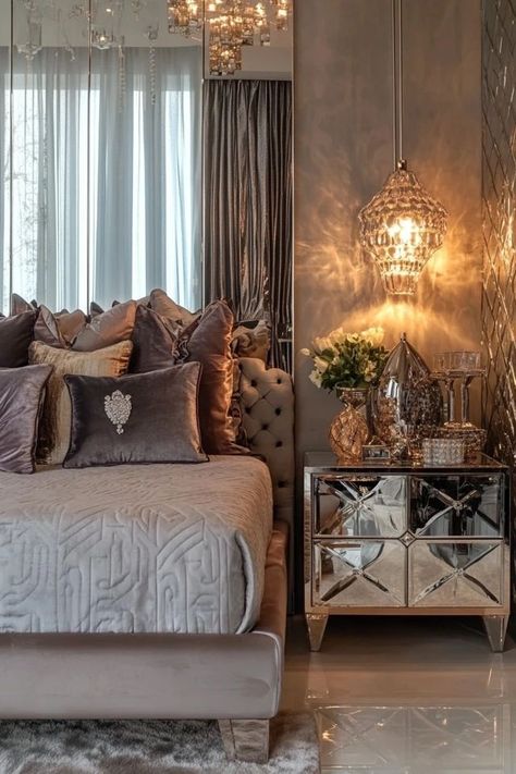 "Add a touch of glamour to your bedroom with Modern Glam Decor! 🛏️✨ A great way to create a sophisticated and stylish sleep environment. 🌿✨ #GlamStyle #ModernBedroom #InteriorDesign" Old Hollywood Glam Bedroom, Gold Glam Bedroom, Silver And Gold Bedroom, Woodsy House, Hollywood Glam Interior Design, Old Hollywood Bedroom, Hollywood Glam Bedroom, Modern Glam Bedroom, Glamour Bedroom