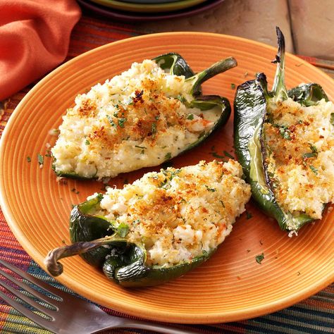 Shrimp-Stuffed Poblano Peppers Recipe -I created this dish for my mother when she moved back to our hometown. Since she really enjoys shrimp and slightly spicy food, I decided to create a shrimp-stuffed poblanos to surprise her. She was delighted.—Tina Garcia-Ortiz, Tampa, Florida Stuffed Poblanos, Poblano Peppers Recipes, Chile Poblano, Poblano Peppers, Shrimp Dishes, Stuffed Poblano Peppers, Peppers Recipes, Mexican Dishes, Seafood Dishes