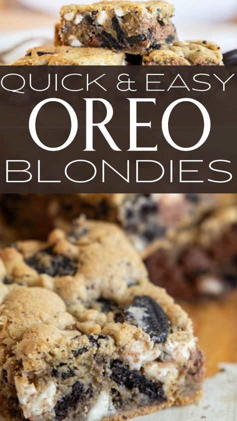 Make these gooey Oreo blondies today! They are full of amazing flavor, milk and white chocolate chips and classic Oreo cookies too! Oreo Cookie Bars Easy, Oreo Cookie Bars, Golden Oreo Blondies, Oreo Blondies Recipe, Brookies With Oreos, Golden Oreo Desserts, Blondies White Chocolate, Cookie Monster Blondies, Oreo Cookie Bar