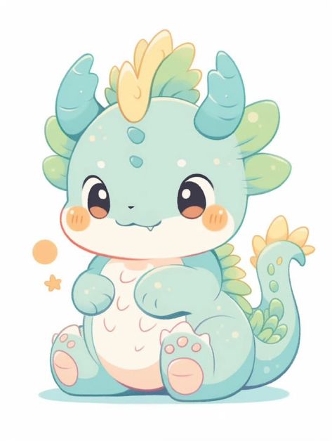 Dinasors Drawing Cute, White Dragon Illustration, Chibi Dragon Drawing, Kawaii Dragon Drawing, Cute Dragon Drawing Kawaii, Cartoon Dragon Drawing, Chibi Creatures, Baby Dragon Drawing, Dragon Cartoon Cute