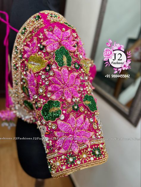 3d Maggam Work, Lotus Aari Work, 3d Aari Work Blouse, Bridal Blouse Work, Applic Work, Gold Blouse Designs, Embroidery Drawings, Floral Blouse Designs, Aari Blouses