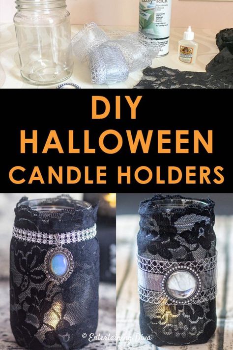 These gothic lace DIY Halloween mason jar candle holders are perfect for an elegant Halloween dinner table or an over-the-top Halloween party. #entertainingdiva #halloweencandles #gothic #masonjars #blacklace  #diyhalloween Diy Halloween Candle Holders, Halloween Mason Jars Diy, Halloween Candle Holders, Gothic Diy, Halloween Candles Diy, Jar Candle Holders, Gothic Candle Holder, Lace Mason Jars, Halloween Mason Jars