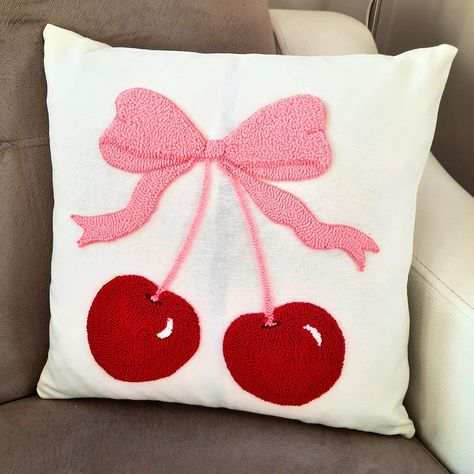 Handmade Cherry Bow Pillow Cover, Pink Coquette  Room Decor, Summer Decoration, Best Housewarming Gift, Dorm Room Decoration, Gift for Daughter, Gift for Bestfriend  This cute cherry Pink bow embroidered throw pillow cover will change the atmosphere of your living room,dorm room, bedroom or garden  and add elegance. It has a 3D fluffy appearance with the embroidery technique used. * It is not machine embroidery or printing. It was made by me using handcrafted punch embroidery technique. This pillow is Punch Needle embroidered with cotton thread on a light  Cream colored duck linen fabric. It does not release thread and cannot be removed as a strong adhesive is used.  * The fabric in this list is not White. But if you want a different color, you can send me a message and tell me your wishes Pink Red Room Decor, Red Decor For Bedroom, Pink And Red Decor Home, Diy Pillow Covers Decorative Craft Ideas, Bow Bedroom Decor, Pink And Red Room Decor, Cherry Bedroom Decor, Pink Red Room, Cherry Room Decor