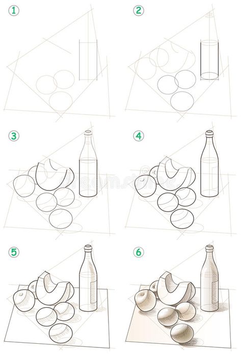 Page shows how to learn step by step to draw a still life. stock illustration Easy Still Life Drawing, Basic Sketching, Draw Easy, Art Basics, Object Drawing, Geometric Drawing, Drawing Studies, Basic Drawing, Still Life Drawing