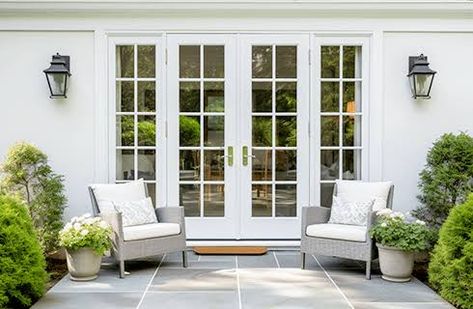 French Door Backyard, French Doors Backyard, French Garden Doors, Exterior French Doors Patio, Bathroom French Doors, Fiberglass French Doors, Exterior French Doors, White Villa, Installing French Doors