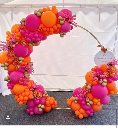 Mexican Backdrop Balloons, Pink Orange Yellow Balloons, Gold Arch Backdrop With Balloons, Pink And Orange Photo Backdrop, Bright Pink Balloon Garland, Hot Pink And Orange Balloon Garland, Pink Orange White Balloon Garland, Orange Pink And Gold Party, Pink And Orange Balloon Backdrop