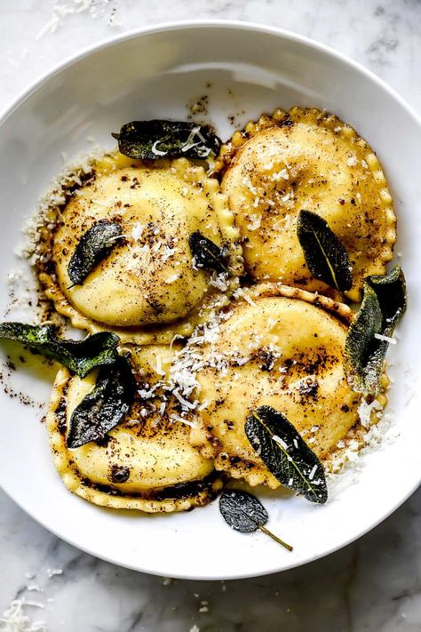 Ravioli with Browned Butter and Crispy Sage | foodiecrush .com Browned Butter Sauce, Sage Brown Butter Sauce, Cheesy Ravioli, Sage Brown Butter, Brown Butter Sage Sauce, Cheesy Pasta Recipes, Sage Recipes, Pumpkin Ravioli, Brown Butter Sauce