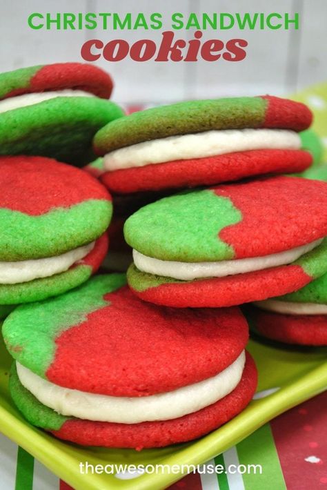 These Christmas Sandwich Cookies will be a real treat with your “anti-chocolate” friends and family. Bring them to holiday potlucks and gatherings or offer them as a snack before your big holiday meal. Or simply bake them up to give as delicious homemade gifts. No matter when you serve these wonderful Christmas Sandwich Cookies, be sure to set some aside for Santa. He will like these cookies so much, he might leave you some extra presents! #Christmas #cookies Grinch Cookie, Christmas Sandwiches, Grinch Cookies, Creamy Frosting, Cookies For Santa Plate, Festive Cookies, Perfect Cookie, Sandwich Cookies, Cookies Recipes Christmas