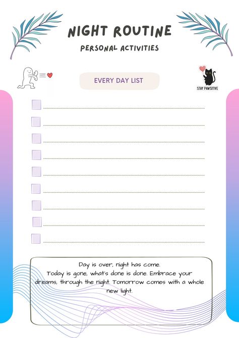 night routine, template list, to-do list Night Routine Template, Routine Template, Day List, Night Time Routine, Evening Routine, Schedule Template, Night Routine, Positano, Planner Template