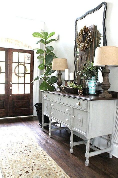 All about nature for summer decor - magnolia wreath, fiddle leaf fig and all things garden inspired entry at http://refreshrestyle.com Front Entryway Decor, Farmhouse Foyer, Vintage Regal, Buffet Decor, Crown Moldings, French Country Living Room, Magnolia Wreath, Dekor Diy, Remodel On A Budget