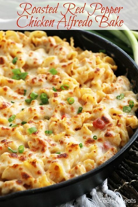 Red Pepper Chicken Alfredo Bake ~ Pasta Smothered in Light Roasted Red Pepper Sauce, Chicken & Cheese! Roasted Red Pepper Chicken, Red Pepper Chicken, Bake Pasta, Baked Chicken Alfredo Pasta, Alfredo Bake, Chicken Alfredo Bake, Roasted Red Pepper Sauce, Red Pepper Sauce, Sauce Chicken