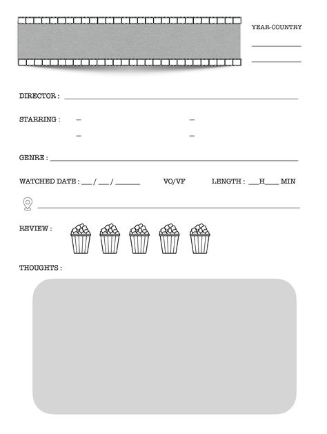 Film Journal Template, Movie Journal Cover, Movie Review Template Aesthetic, Movie Rating Template, Movie Journal Template, Movie Tracker Template, Film Review Template, Movie Bullet Journal, Movie Journal Ideas