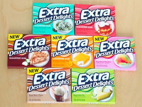 The Flavors Of Extra Dessert Delights Gum; Mint Chocolate Chip, Strawberry Shortcake, Apple Pie, Orange Creme Pop, Rainbow Sherbet, Root Beer Float, and Key Lime Pie. Extra Gum Flavors, Extra Gum, Gum Flavors, Lemon Bar, Sugar Free Gum, Root Beer Float, Lime Pie, Mint Chocolate Chips, Key Lime Pie