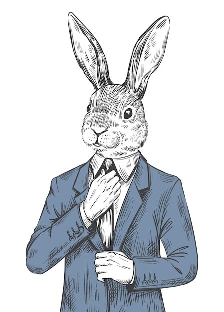 Vector rabbit in suit engraved human bun... | Premium Vector #Freepik #vector #hare #rabbit-cartoon #cartoon-sketch #cartoon-bunny Rabbit Head Drawing, Tuxedo With Tie, Suit Illustration, Illustration Rabbit, Easter Hare, Office Cartoon, Hare Rabbit, Sketch Cartoon, Cartoon Sketch