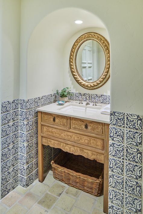 Powder Room in a home in El Paso, Texas Bath Rustic Southwestern by Solis Betancourt & Sherrill Spanish Mediterranean Bathroom, Mediterranean Bathroom Ideas, Mediterranean Bathroom, Mediterranean Luxury, Spanish Mediterranean, Interior Design Portfolios, Bathroom Reno, Built In Bench, Bathroom Wallpaper