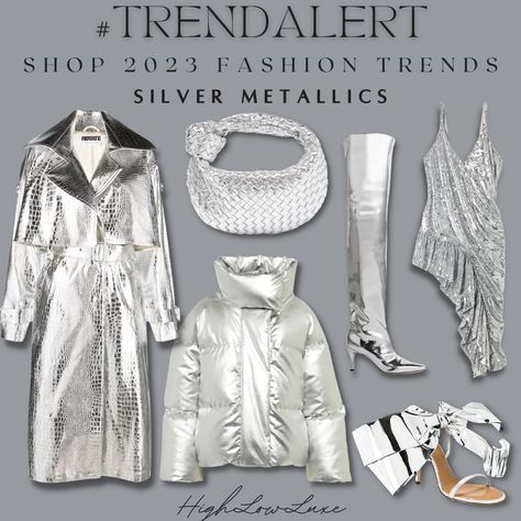 Silver metallics are IN! Silver Trend 2023, Metallic Trend 2023, 2023 Fashion Trends, Trend 2023, Trends 2023, 2023 Fashion, Silver Fashion, Metallic Silver, Fashion Beauty