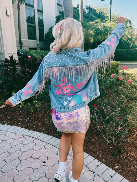 #lover #erastour #outfitinspo #inspo #loverinspo #jeanjacket #diy #eras #taylorswift #swifty Diy Eras Outfit, Lover Jacket Taylor Swift, Taylor Swift Eras Jean Jacket Diy, Eras Jacket Diy, Jean Jacket Eras Tour, Taylor Swift Jacket Ideas, Eras Denim Jacket, Taylor Swift Lover Jean Jacket, Lover Jean Jacket Taylor Swift