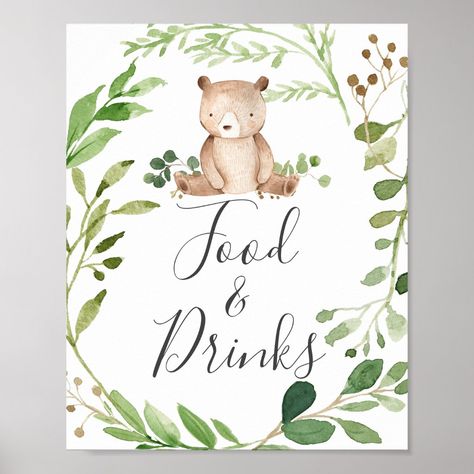 Give your guests a lovely direction with our bear food and drinks sign, featuring watercolor greenery eucalyptus garland and elegant handwritten style font. Candy Signs, Candy Poster, Deer Baby Showers, Baby Shower Wishes, Bear Signs, Watercolor Greenery, Eucalyptus Garland, Photo Guest Book, Baby Shower Photos