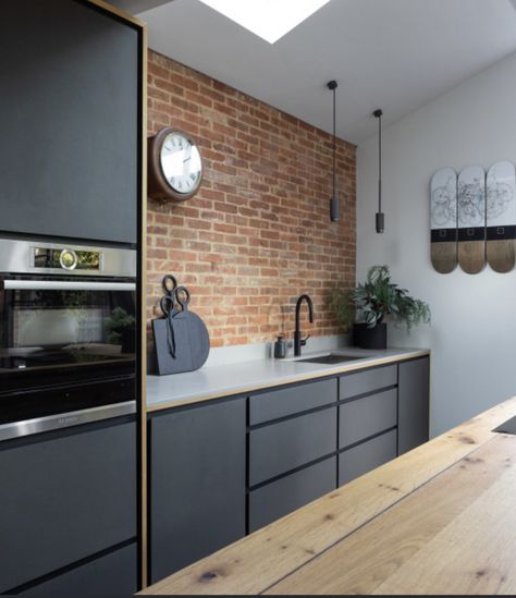 Contemporary Wood Kitchen, Flatpack Kitchen, Galley Kitchen Design, Bespoke Kitchen Design, Brick Kitchen, Kitchen Cabinets Decor, Brick And Wood, Best Kitchen Designs, Oak Kitchen