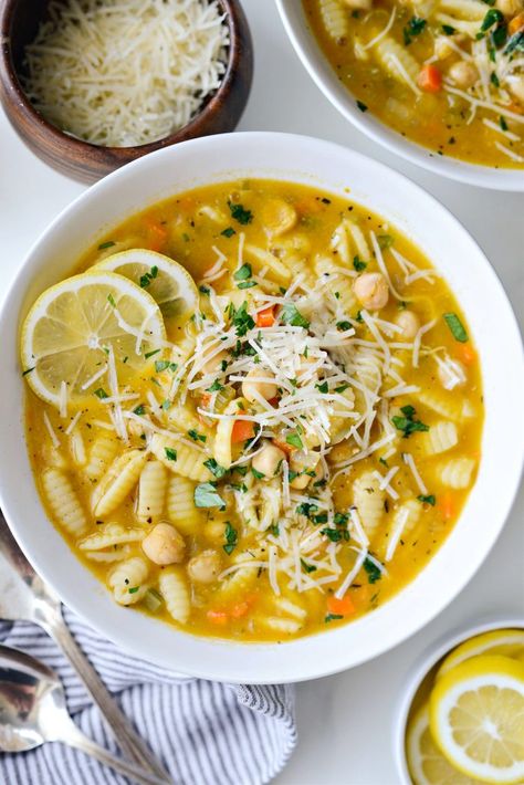 Lemon Chickpea Soup - Simply Scratch Lemon Chickpea, Scalloped Corn Casserole, Lemon Rice Soup, Greek Orzo Salad, Grilled Chicken Marinade, One Pot Vegetarian, Seasoned Potatoes, Chickpea Soup, Lemon Rice