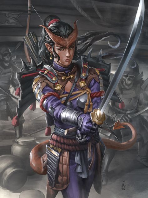 Tiefling Samurai, Tiefling Female, Chinese Warrior, Fiction Idea, Dungeons And Dragons Homebrew, Superhero Design, Book Dragon, Fantasy Artist, Cyberpunk Art