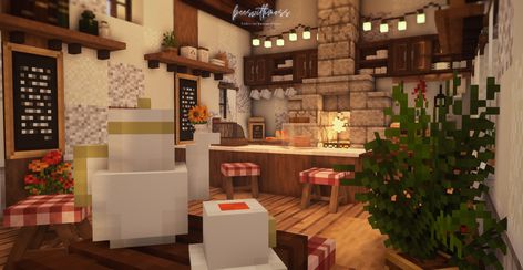 Cafe Interior Design Minecraft, Minecraft Coffee Shop Ideas, Minecraft Cafe Aesthetic, Minecraft Shop Ideas Interior, Cafe Interior Minecraft, Minecraft Coffee Shop Interior, Minecraft Bar Ideas, Minecraft Shop Interior, Minecraft Cafe Interior