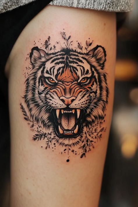 Tiger Tattoo Ideas 28 Tiger Ankle Tattoo, Lion Roar Tattoo, Unique Tiger Tattoo, Tiger Tattoos For Women, Tiger Thigh Tattoo, Lion Tattoo With Flowers, Tiger Tattoo Thigh, Tiger Tattoo Small, Tiger Tattoo Ideas