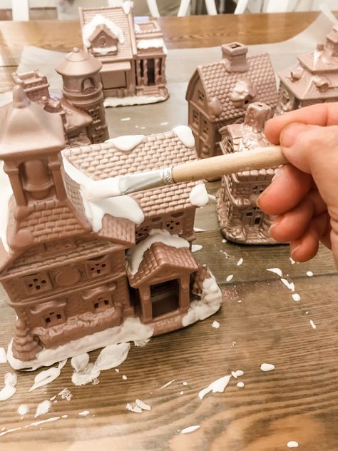 Ceramic Christmas village made new! – The Hydrangea Farmhouse Diy Gingerbread Village, White Christmas Village, House Design Christmas, Ceramic Christmas Village, Ceramic Village, Christmas Village Displays, Ginger Bread House Diy, Christmas Village Ideas, Pottery Barn Christmas