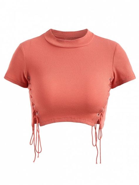 [38% OFF] 2019 Cropped Lace Up Ribbed Top In LIGHT CORAL M | ZAFUL    So soft and stretchy knit top features two lace-up designs on the sides with a subtly cropped fit and a thermal stand collarline. Slim-fit silhouette can perfectly shape your body and soft, stretchy fabric gives a great comfort to wear, just pair it with any denim in your wardrobe for a chic summer look. Style: Fashion Shirt Length: Crop Top Collar: Stand-Up Collar Sleeves Length: Short Material:... Trendy Fashion Tops, Fashion Enthusiast, Light Coral, Elegante Casual, Ribbed Knit Top, Crop Top Outfits, Cute Crop Tops, Ribbed Top, Ribbed Tank