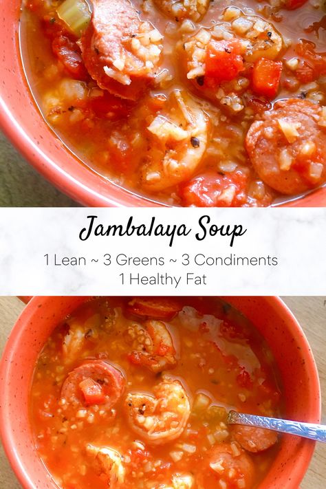 This soup has all the yummy flavors of Jambalaya in one big bowl of soup! Bell peppers, celery, cauliflower rice, diced tomatoes, shrimp and chicken sausage are all simmered together to make this a hearty nutritious soup! Jambalaya Soup, Shrimp And Sausage Jambalaya, Nutritious Soup, Shrimp And Chicken, Lean Protein Meals, Healthy Nutrition Plan, Green Soup, Lean And Green Meals, Diced Tomatoes