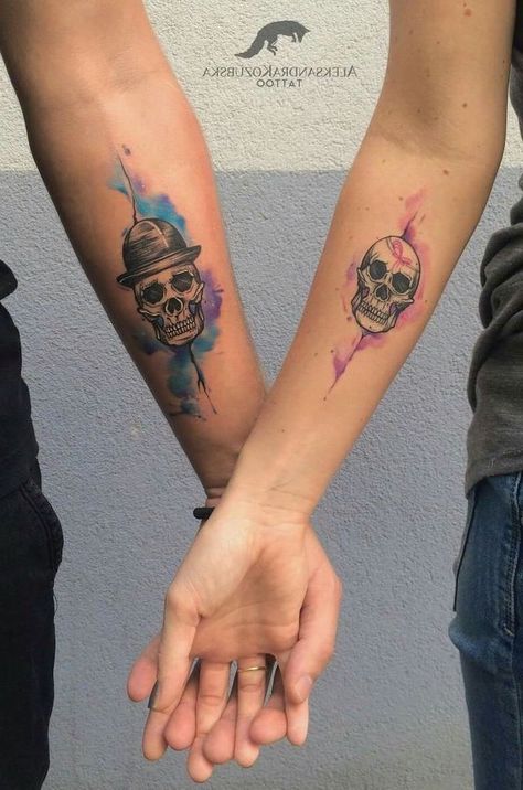 orchid-flower-tattoo-skulls-couples-matching-forearm-tattoos Matching Skull Tattoos, Thigh Tattoo Simple, Tattoos For Friends, Skull Couple Tattoo, Delicate Tattoos For Women, Watercolor Rose Tattoos, Tattoo Watercolor, Couples Tattoo Designs, Matching Couple Tattoos