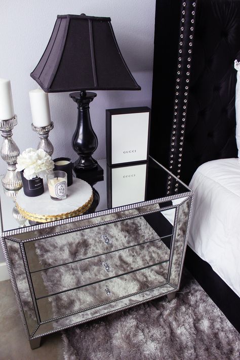 Black & White Bedroom Decor | Chic, Glam Bedroom Decor | Blondie in the City | Hayley Larue Bedroom Decor | Chanel Decor Black White Bedroom Decor, Black White Bedroom, Mirrored Table, Black White Bedrooms, Glam Bedroom Decor, Chanel Decor, White Bedroom Decor, Apartment Goals, Glam Bedroom