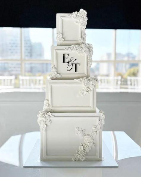 Custom Cake Designer Melbourne on Instagram: "🤍" Glamorous Wedding Cakes, Wedding Cake Simple Elegant, Wedding Planning Boards, Extravagant Wedding Cakes, Wedding Dress Illustrations, Black And White Wedding Cake, Wedding Cake Pearls, Queen Cakes, Square Wedding Cakes