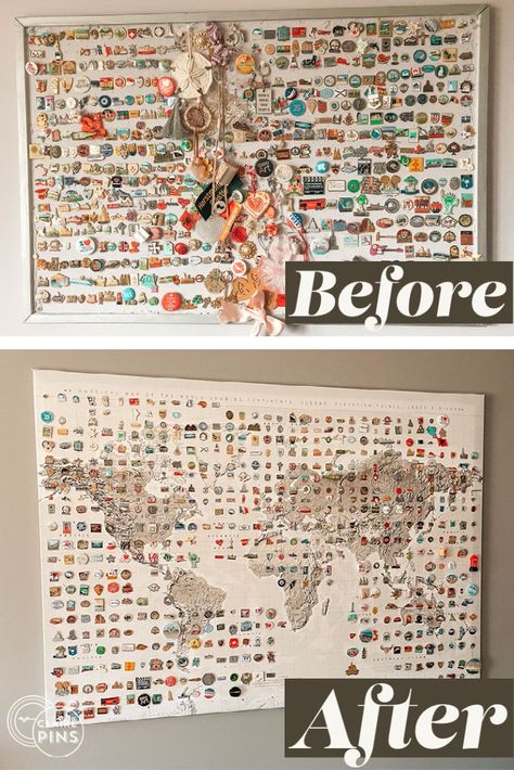 Collector Pin Display Ideas, Travel Currency Display, Picture Collection Ideas, Travel Shelf Display, Travel Magnet Board Ideas, Souvenir Shelf Ideas, Travel Pins Display, Souvenir Pin Display Ideas, Pin Board Collection