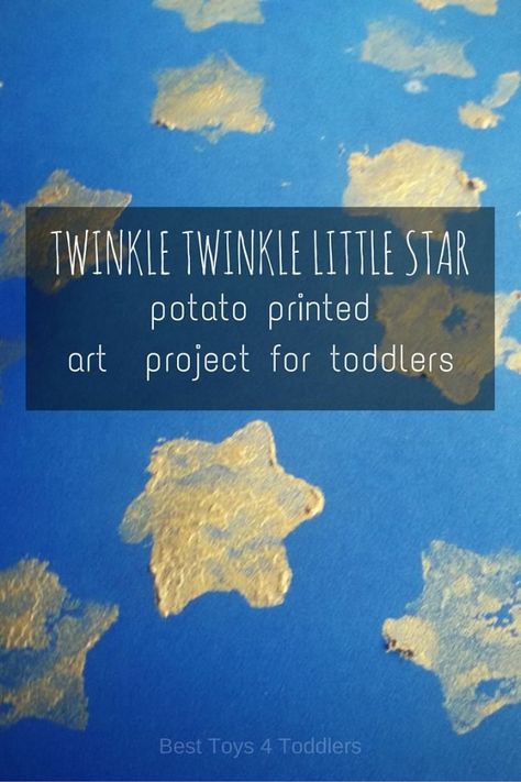 Simple art project for toddlers - potato stamped start to go with Twinkle Twinkle Little Star nursery rhyme. Star Art Project, Art Project For Toddlers, Twinkle Twinkle Little Star Nursery, Potato Stamps, Nursery Rhyme Art, Nursery Rhyme Crafts, Space Week, Nursery Rhymes Preschool, Nursery Rhyme Theme