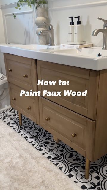 Tori Mohn | DIY, Furniture Flips, & Home on Instagram: "How to paint furniture to look like wood! This gets a 🍷/5 on my DIY wine scale. This has such an impact and is SO inexpensive and easy… you might even make money 😘💰 Be sure to come back tomorrow for the final bathroom reveal! Follow for more DIY home renovations, wine-rated DIY projects, and of course…girl math. What you’ll need: - 150 grit sandpaper - Tan Furniture Chalk Paint - Behr’s Finishing Wax in Dark Antique" Behr Rugged Tan, Paint Vanity To Look Like Wood, How To Paint Fake Wood Cabinets, Refinished Bathroom Vanity, Brown Painted Bathroom Vanity, Brown Painted Bathroom Cabinets, Brown Paint That Looks Like Wood, Tan Chalk Paint Furniture, Painting Wood Grain Look