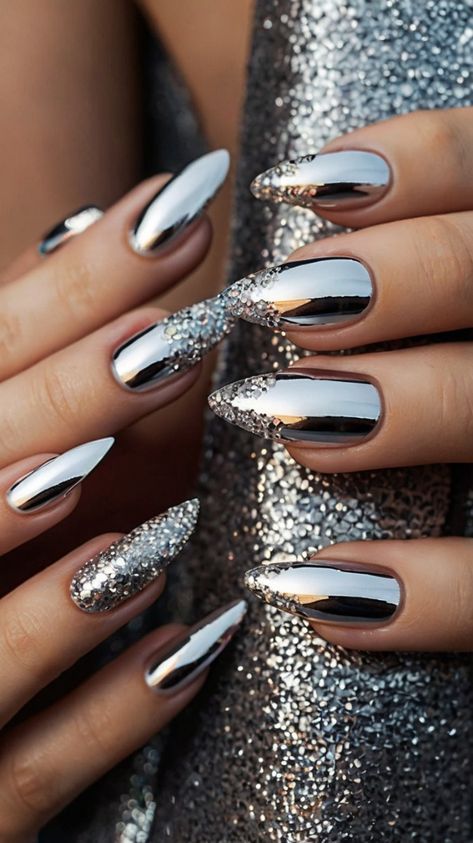 Dark Silver Nails, Silver Nails Designs, Mexico Nails, Prom Nail Designs, Prom Nails Silver, Hoco Nails, Silver Nail Designs, Nail Glam, Classy Acrylic