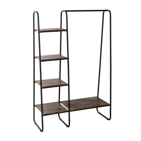 "Buy the Honey Can Do Black/Natural Freestanding Metal Clothing Rack with Wood Shelves at Michaels. com. Great storage solution that offers both style and function. Artfully organize and show off your hanging clothes and folded garments with this black clothing rack. Its modern silhouette features rounded corners, a sturdy hanging bar for clothes, and 4 shelves. Shine a little light on this beauty and the color palette is equally as stunning. The assortment of natural-tone wood shelves not only Black Clothing Rack, Modern Clothing Rack, Metal Clothing Rack, Dress Rack, Vendor Booth Display, Portable Closet, Modern Plant Stand, Clothing Displays, Craft Fair Displays