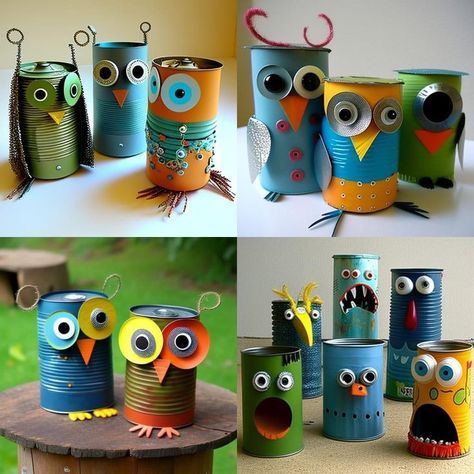 Painted Tin Cans, Tin Can Art, Aluminum Can Crafts, Tin Can Crafts, Candy Land Christmas Decorations, Candy Land Christmas Tree, Owl Crafts, Garden Art Sculptures Diy, Tin Cans