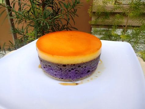 Ube Custard Cake  Ube (purple yam) chiffon cake yopped with flan/creme caramel Ube Flan Cake Recipe, Ube Custard Cake, Ube Custard, Ube Flan, Flan Cakes, Halayang Ube Recipe, Ube Recipes, Flan Cake, Purple Yam