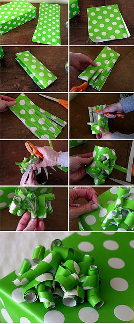 I've always made my ribbons out of just one strip of paper from the scraps!  This is genius! Wrapping Paper Bows, Paper Bow, Noel Christmas, Crafty Craft, Green And White, Homemade Gifts, Creative Gifts, Craft Gifts, Holiday Fun