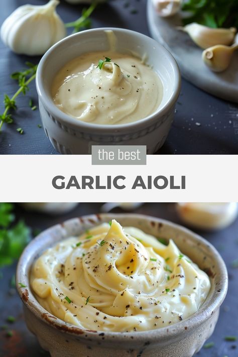 Looking for the perfect condiment to elevate your dishes? Try this delicious garlic aioli sauce recipe for burgers! Made with simple ingredients, this garlic aioli is creamy, flavorful, and easy to whip up. Whether you're grilling burgers, baking pizza, or frying fries, this versatile sauce is a game-changer. Give your meals a gourmet touch with homemade garlic aioli sauce - it's sure to impress your family and friends. Aioli Sauce Recipe, Garlic Aioli Sauce, Pizza Steak, Garlic Aioli Recipe, Steak Burgers, Steak Bites Recipe, Gourmet Chicken, Aioli Sauce, Aioli Recipe